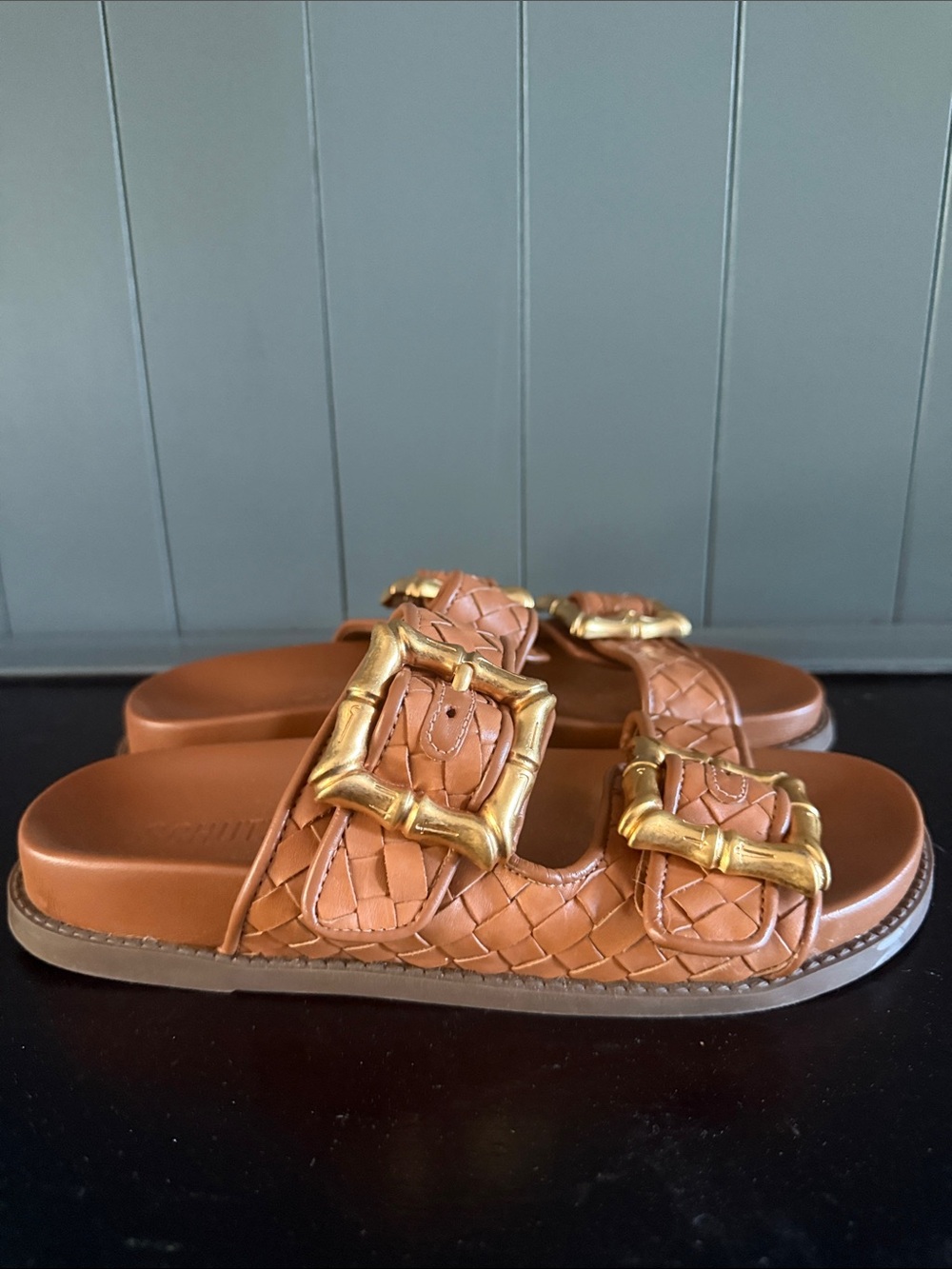 Schultz Braided Leather Double-Buckle Slide Sandals in Cognac - Picture 4 of 7